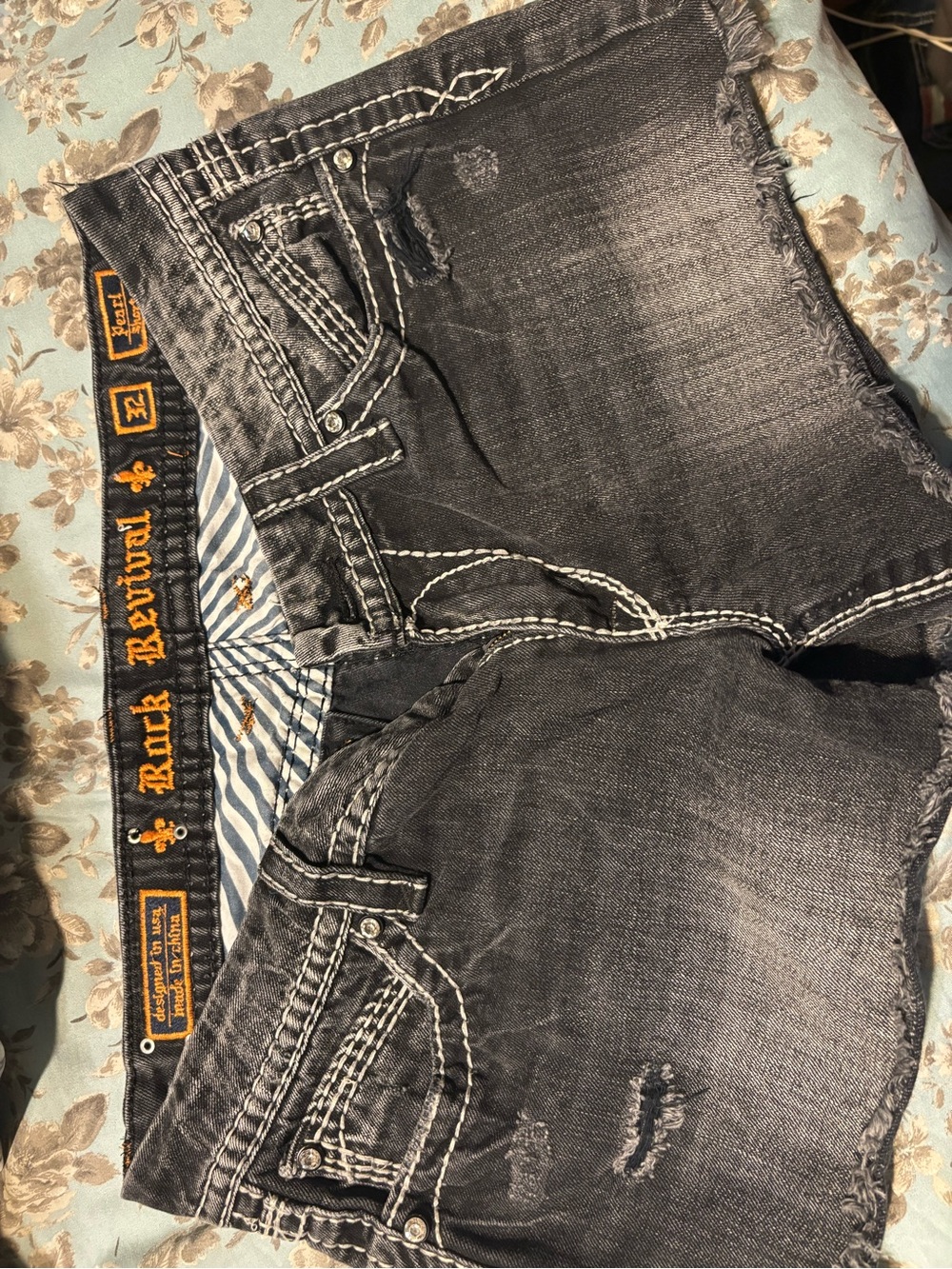 Rock Revival Black Washed Distressed Denim Shorts with Gold Embroidery